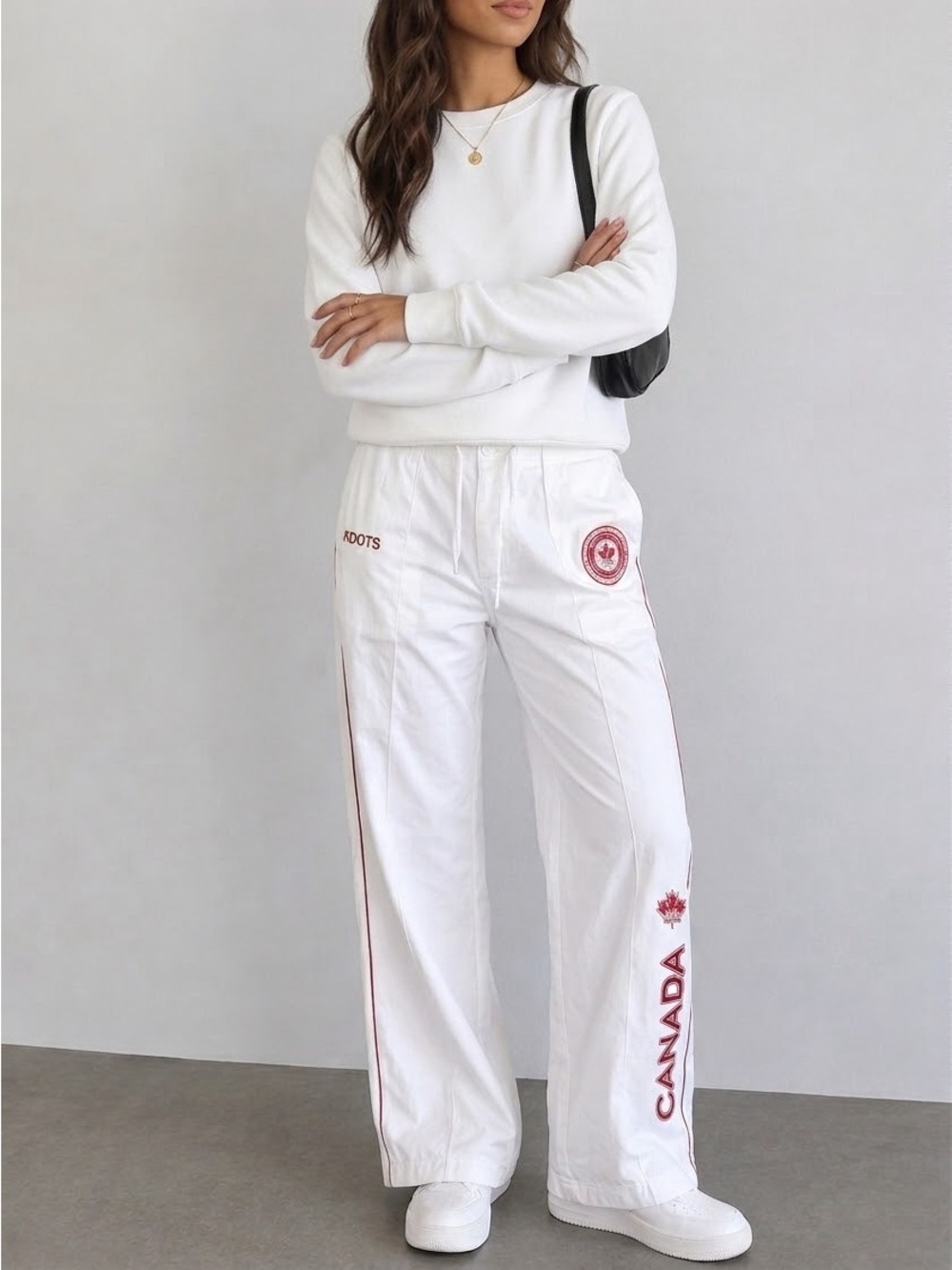 Roots White Wide-Leg Track Pants with Red Canada Graphics
